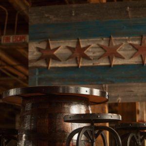 Reclaimed bourbon Barrel engraved personalized tables for your business or home with 4 matching stools