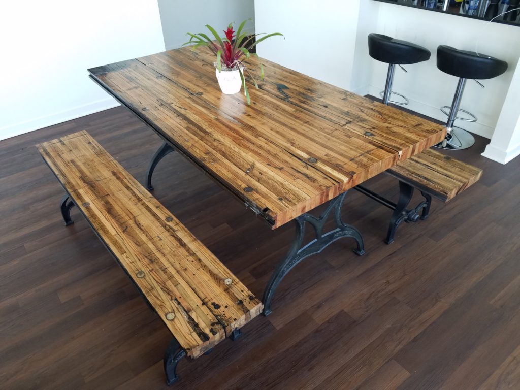 Reclaimed Oak Boxcar Plank Table with benches, Recycled, vintage, antique, rustic, kitchen table, picnic table, iron legs, oak, Americana