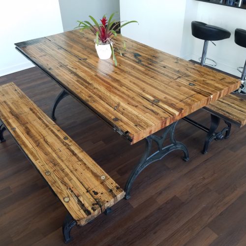Reclaimed Oak Boxcar Plank Table with benches, Recycled, vintage, antique, rustic, kitchen table, picnic table, iron legs, oak, Americana