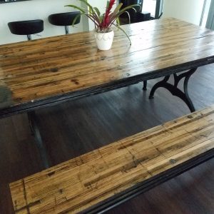 Reclaimed Oak Boxcar Plank Table with benches, Recycled, vintage, antique, rustic, kitchen table, picnic table, iron legs, oak, Americana