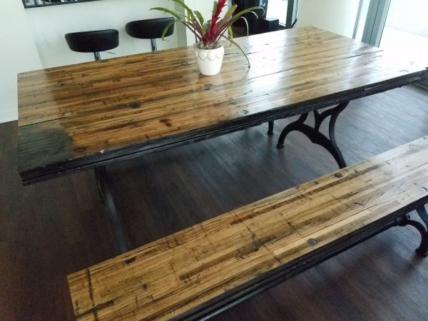 Reclaimed Oak Boxcar Plank Table with benches, Recycled, vintage, antique, rustic, kitchen table, picnic table, iron legs, oak, Americana
