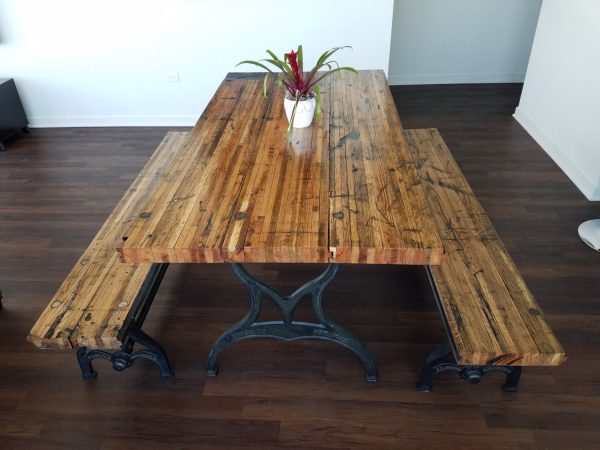 Reclaimed Oak Boxcar Plank Table with benches, Recycled, vintage, antique, rustic, kitchen table, picnic table, iron legs, oak, Americana