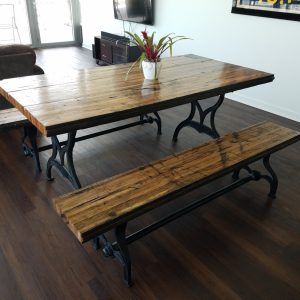 Reclaimed Oak Boxcar Plank Table with benches, Recycled, vintage, antique, rustic, kitchen table, picnic table, iron legs, oak, Americana