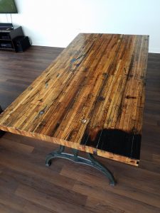 Reclaimed Oak Boxcar Plank Table with benches, Recycled, vintage, antique, rustic, kitchen table, picnic table, iron legs, oak, Americana