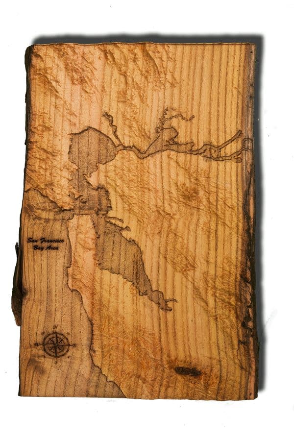 San Francisco Bay Area Topographical Map from a natural live edge wood slab,  California, vintage, rustic fine art one of a kind piece.