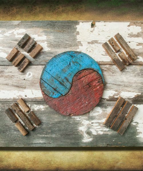South Korean Flag,  Barn Wood Edition,  Wooden, vintage, art, distressed, weathered, recycled, Asia flag art. Repurposed, Korea