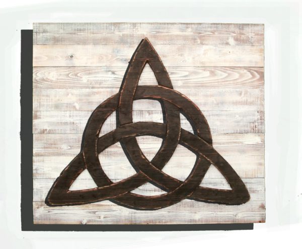 Trinity Knot (Triquetra) 3D from reclaimed wood, vintage, art, weathered, recycled, home decor, Irish, luck Man Cave, white, brown