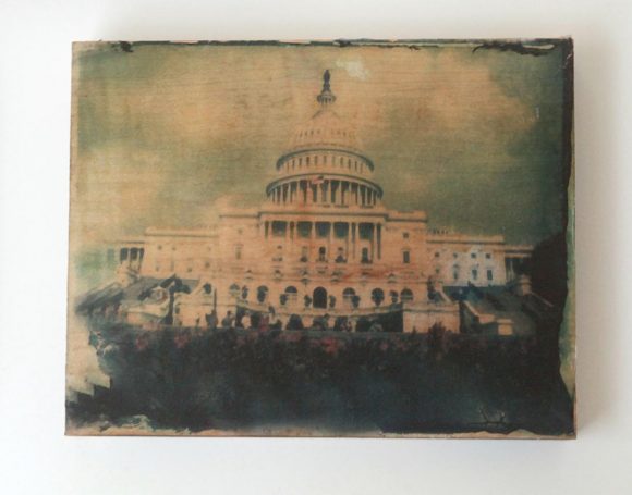 Washington DC photography, Polaroid transfer, wood block, capital, USA, patriotic, photo, green, vintage, home decor, antique, rustic
