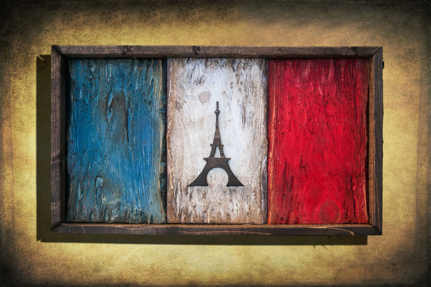 Weathered Wood One of a kind French flag, Wooden, vintage, art, distressed, weathered, recycled, Europe art flag art. France, Red White Blue