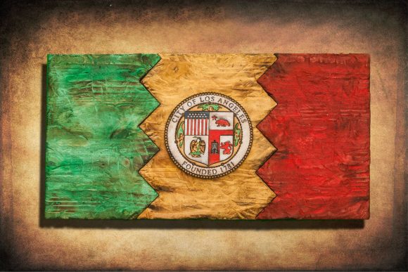 Weathered Wood One of a kind Los Angeles City flag, Wooden, vintage, art, distressed, weathered, recycled, California flag art. Hollywood