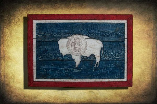Weathered Wood One of a kind Wyoming State flag, Wooden, vintage, art, distressed, weathered, recycled, North West art flag art. Buffalo