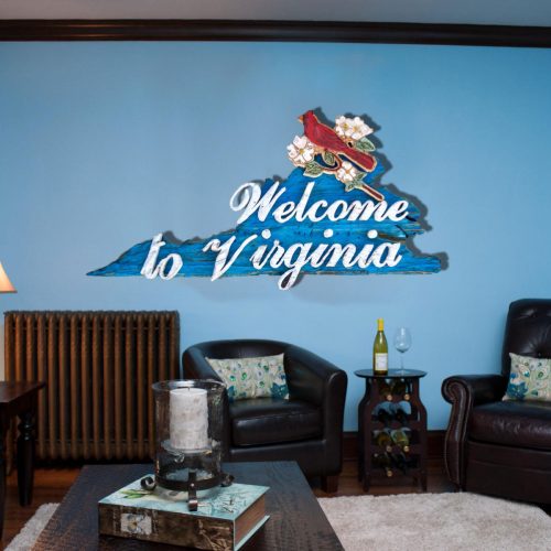 Welcome to Virginia Sign, Weathered Wood, One of a kind, 3D, Wooden, vintage, art, distressed, cardinal, Blue, wall art, VA, home decor