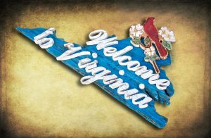 Welcome to Virginia Sign, Weathered Wood, One of a kind, 3D, Wooden, vintage, art, distressed, cardinal, Blue, wall art, VA, home decor