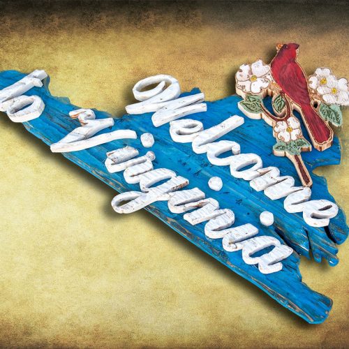Welcome to Virginia Sign, Weathered Wood, One of a kind, 3D, Wooden, vintage, art, distressed, cardinal, Blue, wall art, VA, home decor