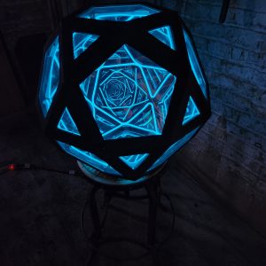 Illuminated geometric LED art sculpture with blue neon lights, perfect for modern home decor.