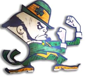 Vibrant painted metal wall art of a cartoon-style leprechaun flexing muscles, inspired by Irish folklore.